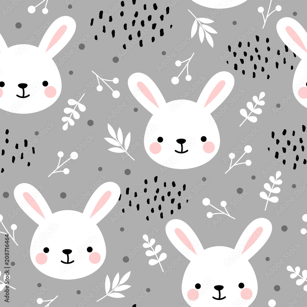 Cute rabbit seamless pattern, bunny hand drawn forest background with flowers and dots, vector illustration Cute rabbit seamless pattern, bunny hand drawn forest background with flowers and dots, vector illustration