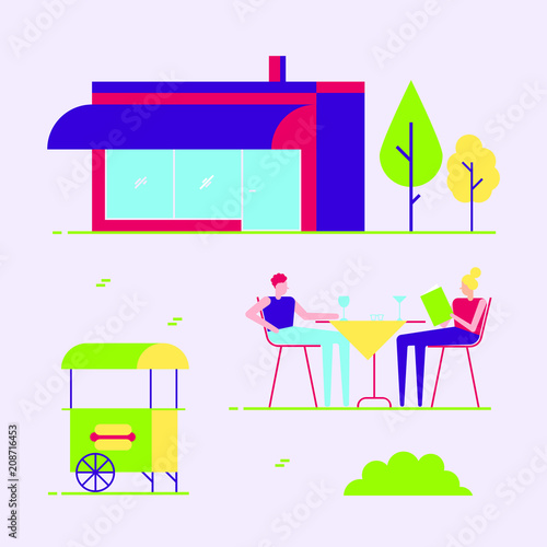 Male and female couple sitting outside next to cafe or coffee shop building and eating, drinking, reading menu. Abstract minimal flat style design vector illustration, concept of summer leisure