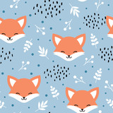 Cute fox seamless pattern, wolf hand drawn forest background with flowers and dots, vector illustration