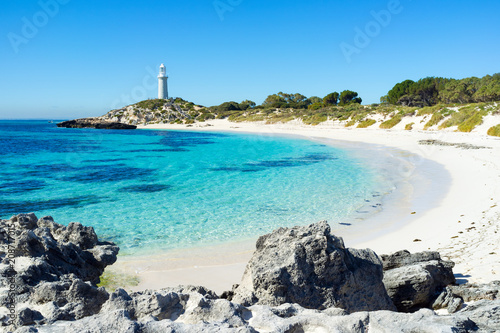 Summer day at Pinky Beach and the Bathurst Lighthouse on Rottnest Island, Perth, Western Australia, Australia.
