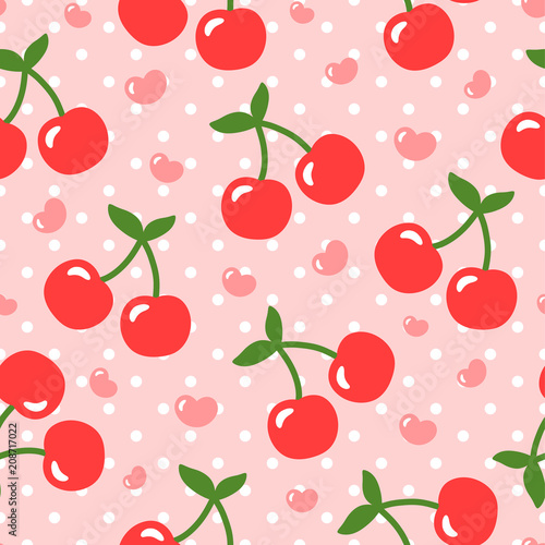 Cherry pattern, cute heart fruit cartoon seamless background with dot, Vector illustration