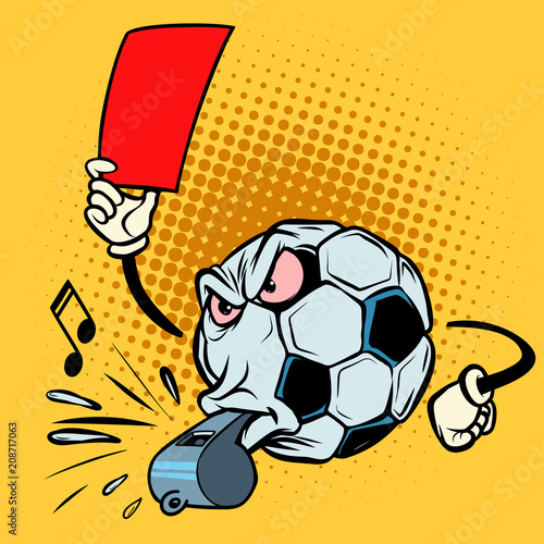 Red card referee whistle. Football soccer ball. Funny character