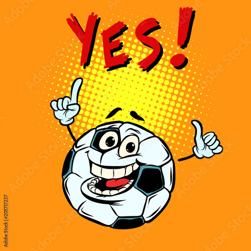 Yes happy fan. Football soccer ball. Funny character