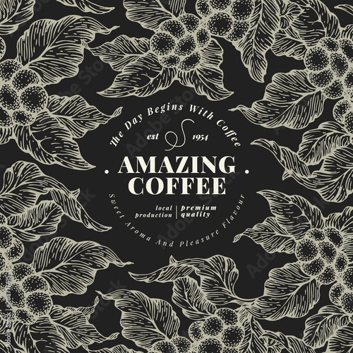 Coffee tree banner template. Vector illustration. Vintage coffee frame. Hand drawn engraved style illustration.