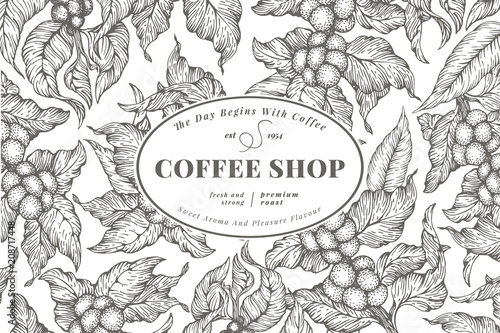 Coffee tree banner template. Vector illustration. Vintage coffee background. Hand drawn engraved style illustration.