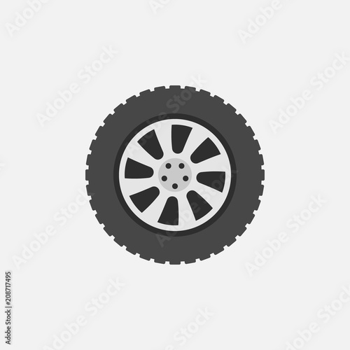 Flat car wheel with tire vector icon on gray background