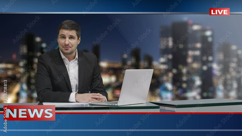 Media broadcaster is sitting at a table and talking. News show Mock-up. Media broadcaster is sitting at a table and talking. News show Mock-up.