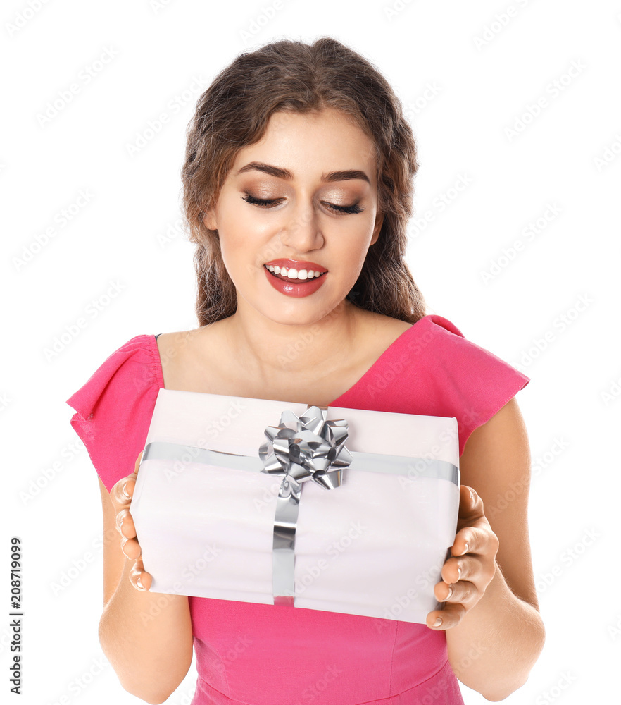 Beautiful young woman with gift box on white background Beautiful young woman with gift box on white background