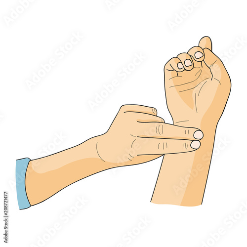 Hands taking pulse. Vector illustration.