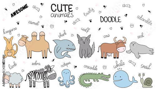 Vector cartoon sketch illustration with cute doodle animals