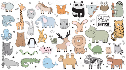 Vector cartoon big set of cute doodle animals photo