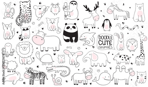 Vector cartoon big set of cute doodle animals