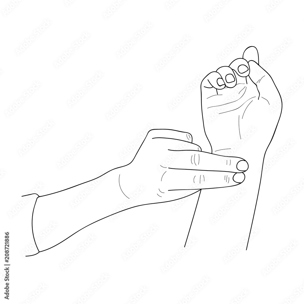 Hands taking pulse. Line drawing. Vector illustration. Stock Vector