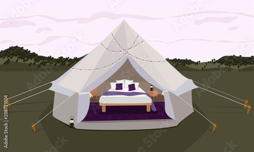 Glamping tent set up in a green field at dusk. Flat design vector illustration