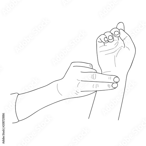 Hands taking pulse. Line drawing. Vector illustration.