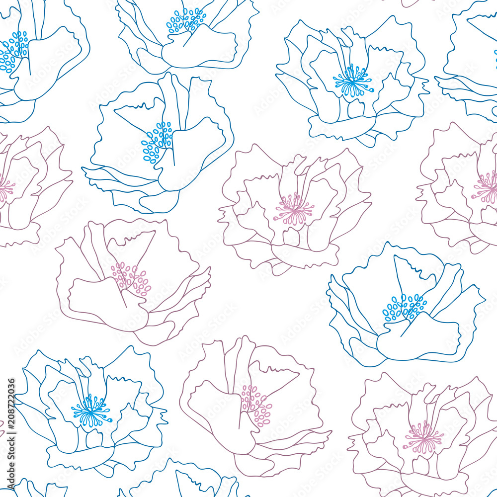 Big poppies flowers . Floral vector seamless pattern with hand drawn  flowers.