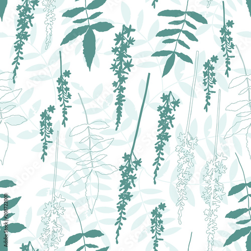 Floral vector seamless pattern with hand drawn  meadow flowers, twigs and lea...