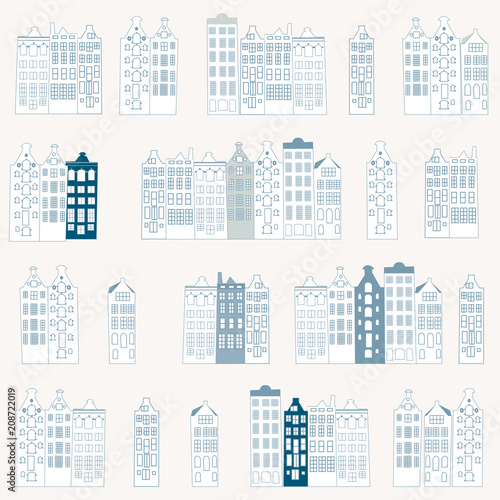 Vector seamless pattern with old canal houses in Amsterdam, the Netherlands.