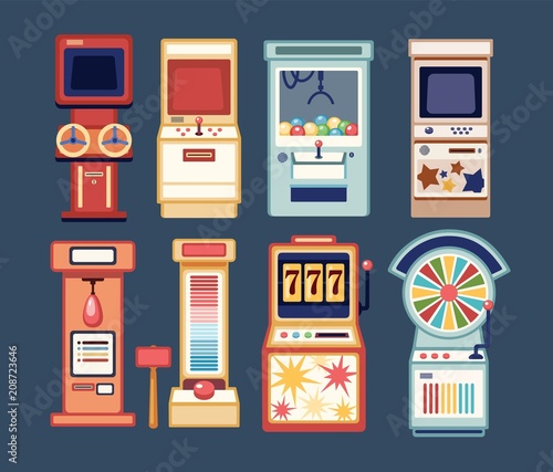Collection of arcade video games, coin-ops and casino gambling slot machines isolated on grey background. Bundle of devices for entertainment. Colorful vector illustration in flat cartoon style.