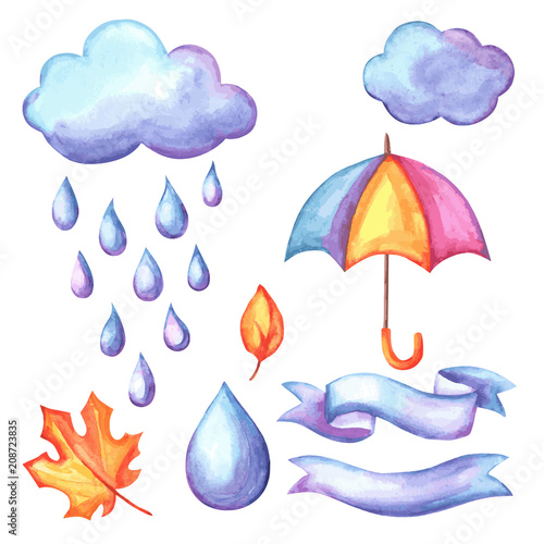 Set of aquarelle umbrella, clouds and rain.
