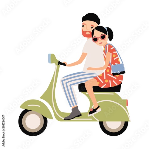 Romantic couple dressed in trendy clothes riding scooter. Young stylish man and woman sitting on modern motor vehicle isolated on white background. Colorful vector illustration in flat cartoon style.
