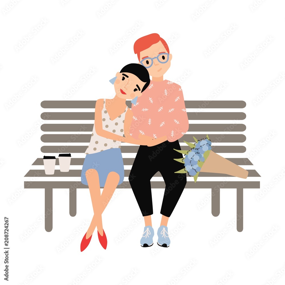 Romantic couple sitting together on bench isolated on white background.  Young stylish man and woman in love. Hipster boy and girl on date. Colorful  vector illustration in flat cartoon style. Stock Vector |