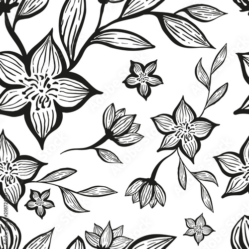 Flowers seamless pattern. Textures made with ink. Vector.