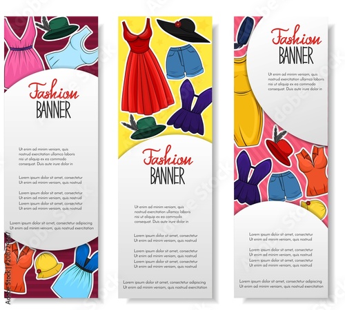 Set of 3 vertical brochure with clothing and accesories for women. Boutique,  shop advertisement concept. Template for flyer, magazine, poster,cover,  banner,greeting card,invitation. Vector Stock Vector