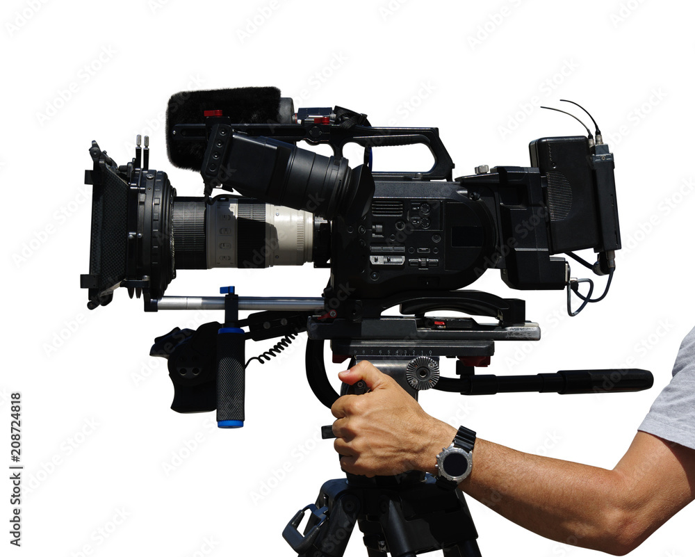 Cameraman using black professional digital video camera Cameraman using black professional digital video camera