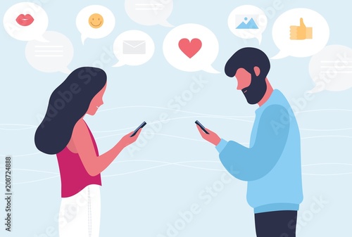 Male and female cartoon characters chatting or texting on their smartphones. Young romantic couple sending messages to each other. Internet or online communication. Flat colorful vector illustration.