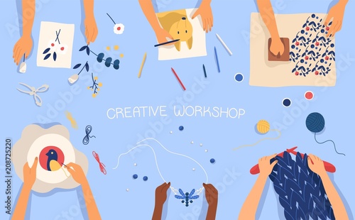 Horizontal banner with hands creating handmade works - drawing, woodblock printing, beadwork, embroidering, knitting, scrapbooking. Creativity lesson or workshop for kids. Flat vector illustration.