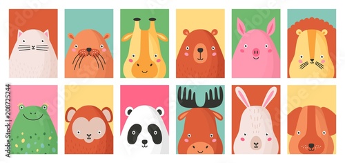 Collection of colorful card templates with portraits of different funny adora...