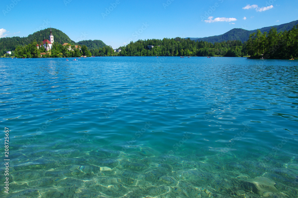 Lake Bled and mountains.