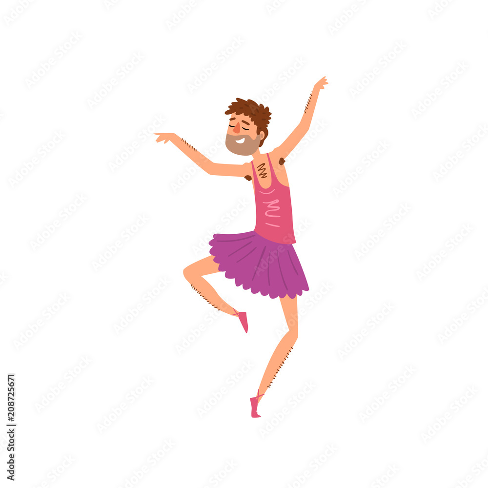 Funny bearded man dancing in tutu dress cartoon vector Illustration on a white background Funny bearded man dancing in tutu dress cartoon vector Illustration on a white background