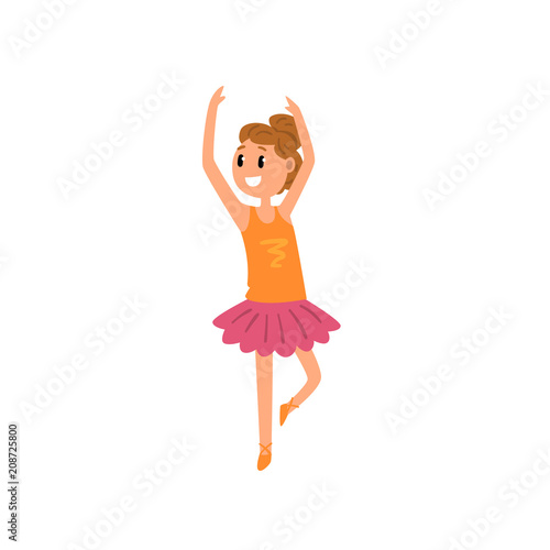 Smiling ballet girl character in pink tutu dress dancing cartoon vector Illustration on a white background