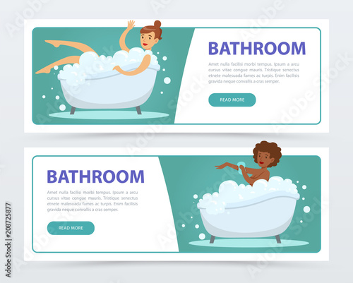 Young women taking bubble bath in bathtub banners set, daily hygiene procedure flat vector ilustrations, element for website or mobile app