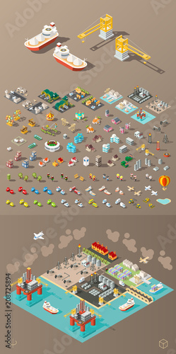 Build Your Own City . Set of Isolated Minimal City Vector Elements on Dark Background