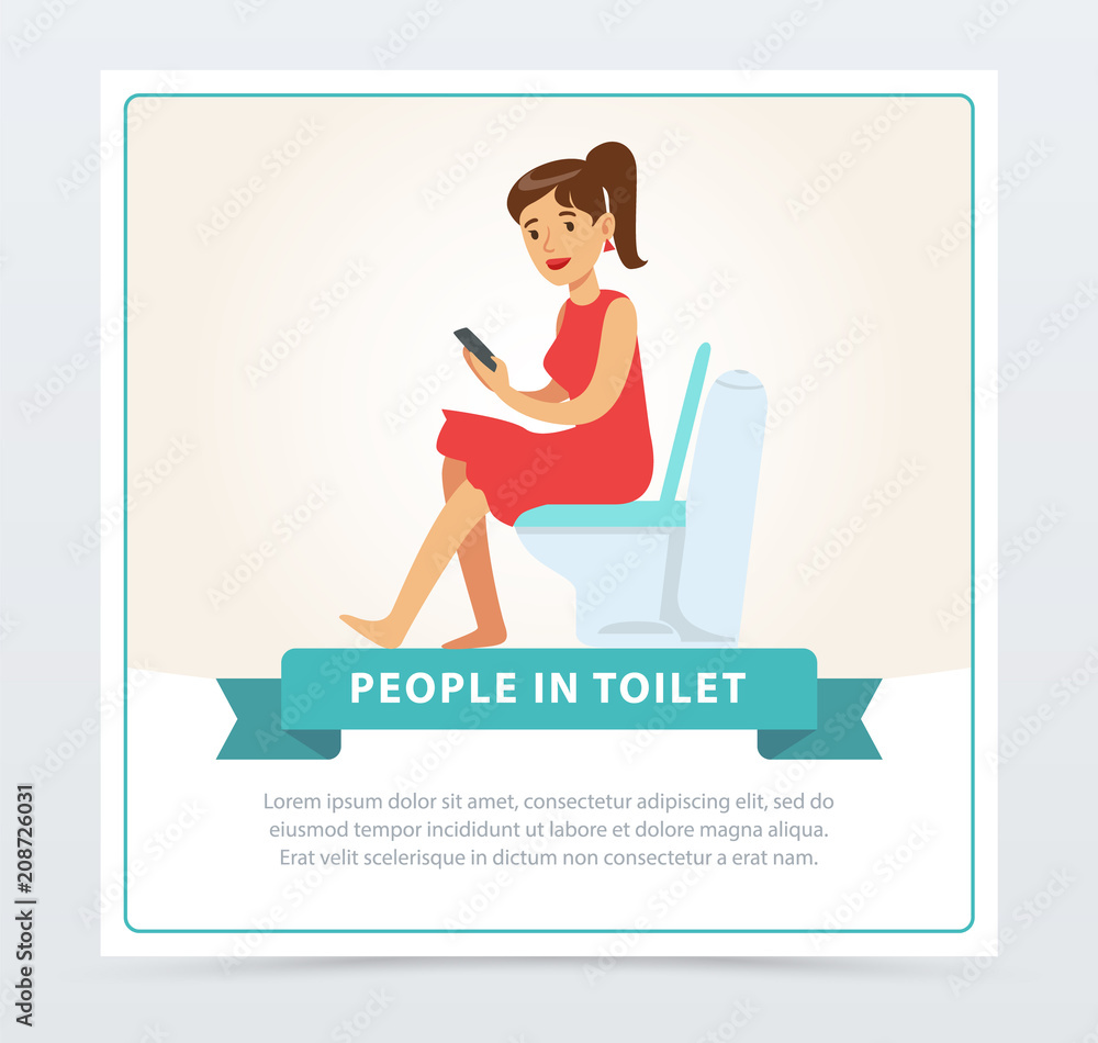 Woman using her phone while sitting on a toilet, people in toillet banner flat vector ilustration, element for website or mobile app Woman using her phone while sitting on a toilet, people in toillet banner flat vector ilustration, element for website or mobile app