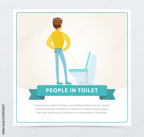 Man standing and peeing in toilet, daily hygiene procedure, people in toillet banner flat vector ilustration, element for website or mobile app