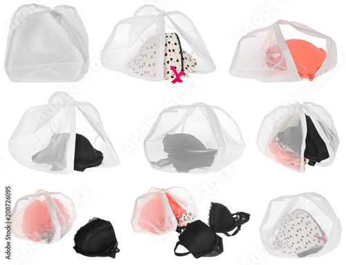 Wash bag for delicate clothes, shoes, underwear, bra. A laundry bag made of white mesh filled bras.