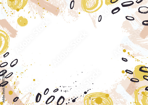 Horizontal backdrop decorated with colorful paint traces, ink stains, blots a...