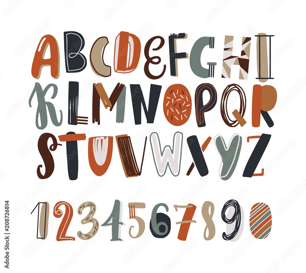 Childish hand drawn latin font or english alphabet decorated with scribble or scrawl. Colored letters arranged in alphabetical order and numbers isolated on white background. Vector illustration.