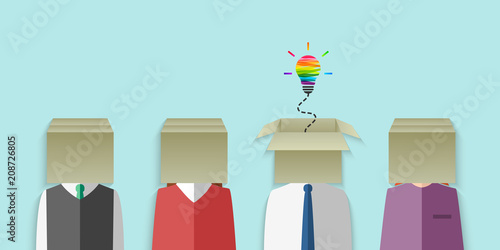 Thinking out of the box and imagination concept. Group of people with cardboard box head and colorful light bulb as creative idea metaphor. Vector illustration in flat design.