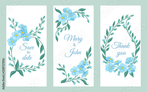 Templates for invitations and save the date cards with blue forget-me-nots flowers.