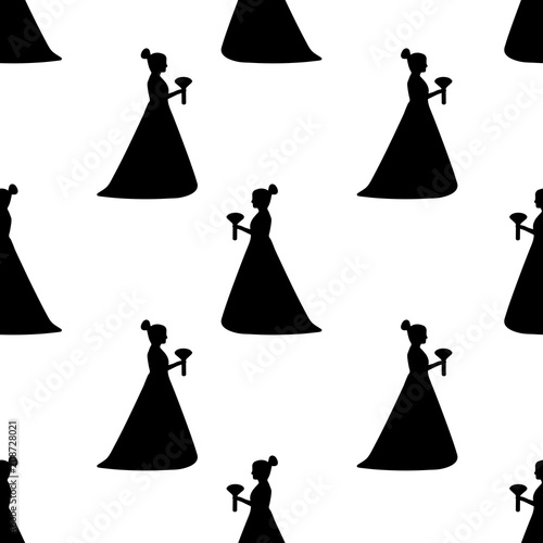 Seamless pattern with black silhouettes of the bride on the white background.