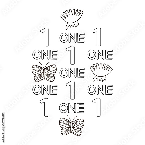 Numeral and word one, butterfly, flowers. Coloring page.