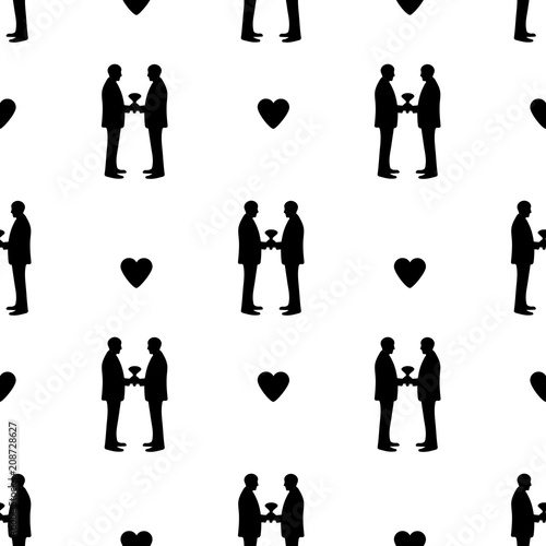 Seamless pattern with black silhouettes of grooms and hearts. Same-sex marriage.