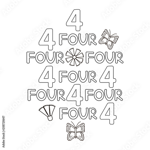 Numeral and word four, butterfly, flowers. Coloring page.
