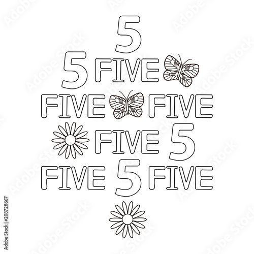 Numeral and word five, butterfly, flowers. Coloring page.