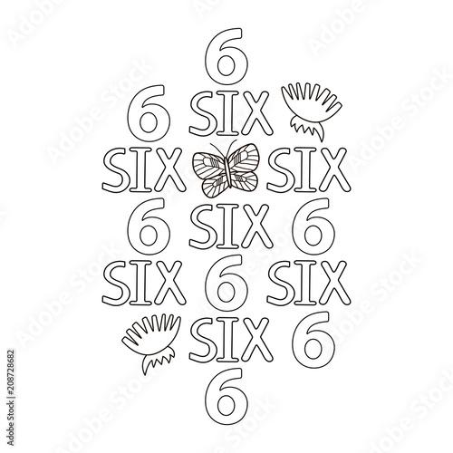 Numeral and word six, butterfly, flowers. Coloring page.